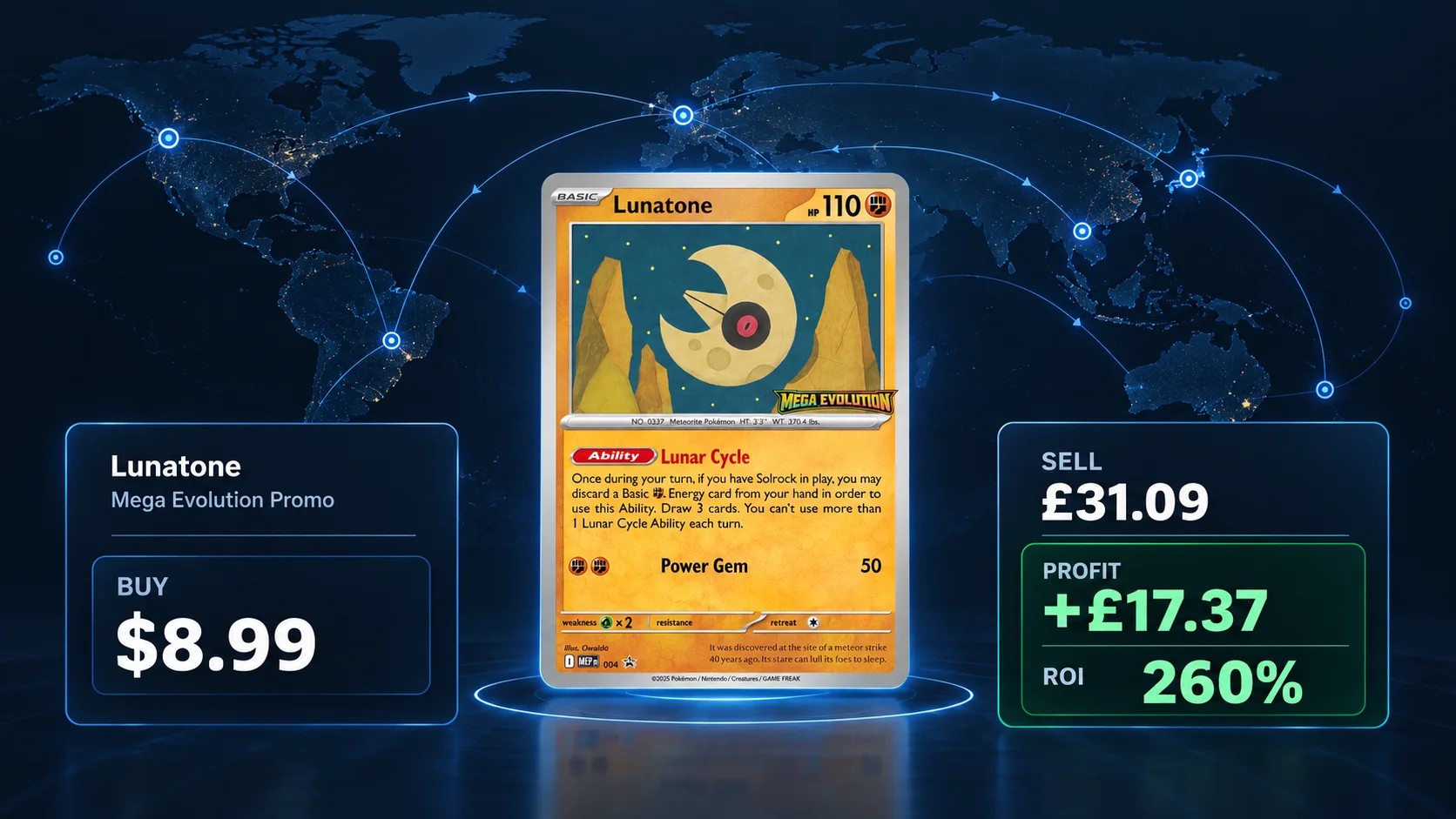 A Lunatone trading card opportunity shown across a network of configurable international buying and selling routes